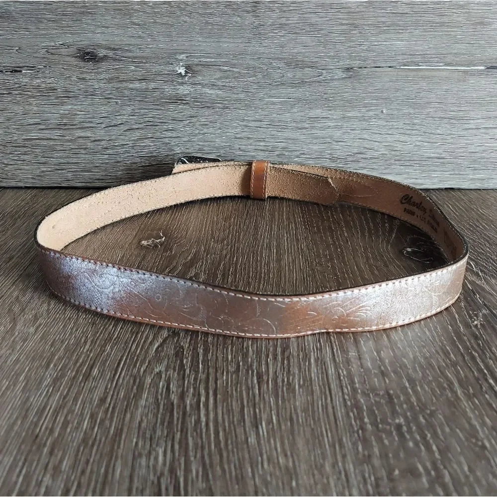 Charley Stone Embossed Leather Ranger Belt - Tan With Silver - Medium